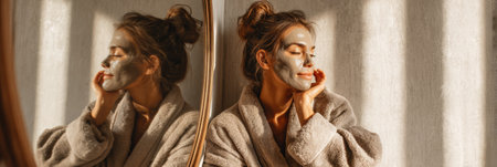 A woman enjoys a peaceful morning in a cozy robe, applying a clay mask while admiring her reflection in the mirror, immersed in self-care.の素材