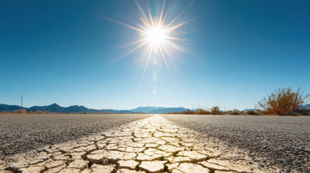 A stark cracked asphalt road stretches into the distance, illuminated by a bright sun in a clear blue sky, showcasing a desert landscape.の素材
