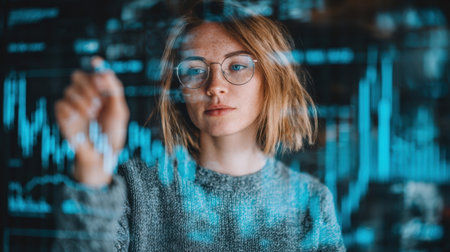 A focused woman engages with interactive financial charts on a transparent digital display in a contemporary office environment.の素材