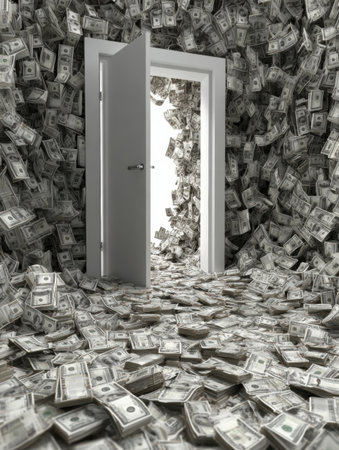 Stacks of cash fill a room with an open door, creating a surreal environment where dollar bills cover the floor and walls, evoking a feeling of abundance.の素材