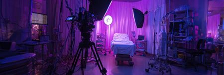 A professional medical lighting setup illuminates a hospital room where a patient is partially visible, showing various medical equipment and monitors.の素材