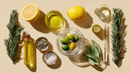 Fresh ingredients are arranged, featuring olives, olive oil, lemons, and aromatic herbs, perfect for preparing a vibrant Mediterranean meal.の素材