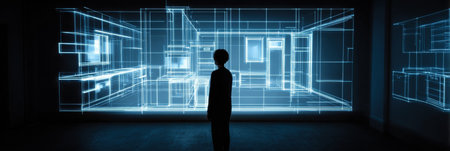 A person stands in a modern room, captivated by a digital projection of a kitchen design in blue tones, enhancing the architectural display at night.の素材
