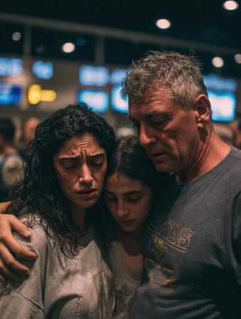 Family members embrace in a crowded airport terminal, displaying emotions of love and support during a heartfelt reunion after a long separation.の素材