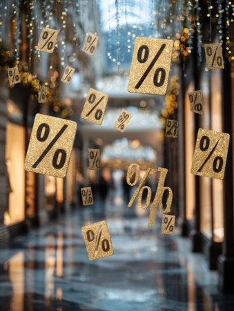 Golden percentage signs hang in a sparkling shopping arcade filled with soft reflections and twinkling lights, creating a festive shopping atmosphere.の素材