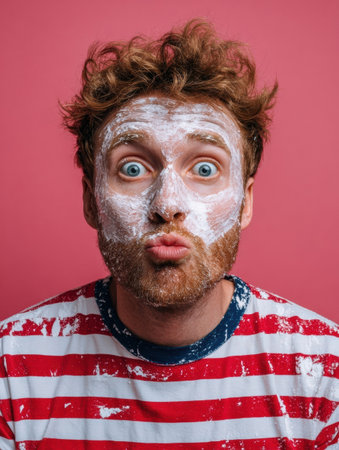 A man with curly hair makes a fun expression while applying a facial mask, wearing a red and white striped shirt, in front of a vibrant pink backdrop.の素材