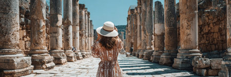 A traveler strolls through ancient columns of a historic site, admiring the architecture under the bright sun, dressed in a light summer dress.の素材