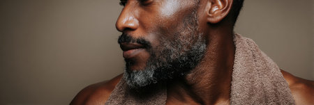 A fit man with a well-groomed beard and a towel around his neck showcases determination and strength after exercising at the gym.の素材