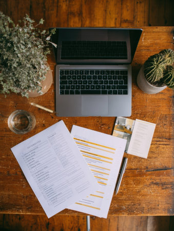 A neatly organized workspace features a laptop, printed documents with notes, a water glass, and potted plants on a rustic wooden table.の素材