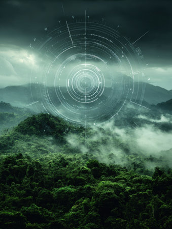 Lush green mountains covered in fog create a mystical atmosphere, enhanced by a digital overlay against a dark, cloudy sky indicating advanced technology.の素材