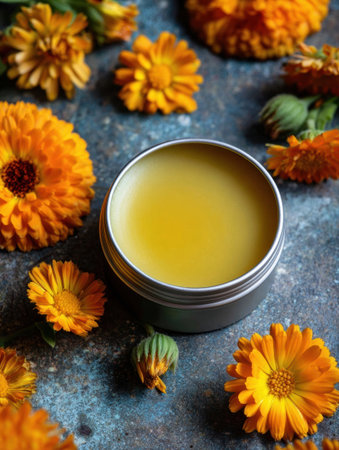 A soothing balm is placed in a silver tin, accompanied by blooming yellow calendula flowers scattered around on a textured blue background.の素材