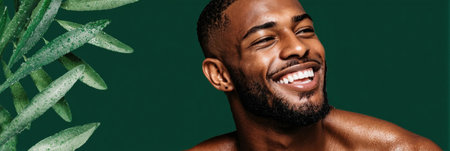 A man with a well-groomed beard smiles brightly against a rich green background, framed by lush leaves, radiating joy and charisma in a lively atmosphere.の素材