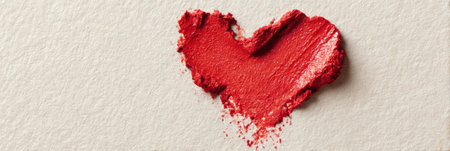 A smudge of red lipstick in the form of a heart rests on a soft, neutral background, showing creativity and affection in a playful manner.の素材