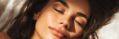 A person resting peacefully with eyes closed on a soft silk pillow, illuminated by gentle morning light, showing healthy, glowing skin and tranquility.の素材