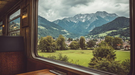 Passengers enjoy a beautiful train ride as they gaze at lush hills and majestic mountains under a cloudy sky near a small village in Switzerland.の素材