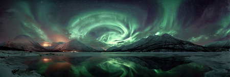 Bright green auroras twist across the night sky above icy peaks and a tranquil lake reflecting the stunning display, creating a magical winter atmosphere.の素材