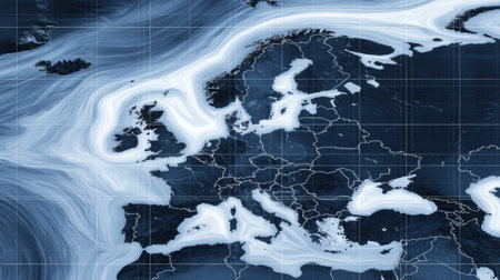Stylized map highlights the geography of Europe with weather patterns, featuring landforms and waterways in a unique artistic representation.の素材