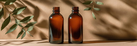 Two brown glass bottles sit on a smooth, neutral surface, with soft shadows from lush green leaves enhancing a serene and earthy atmosphere.の素材