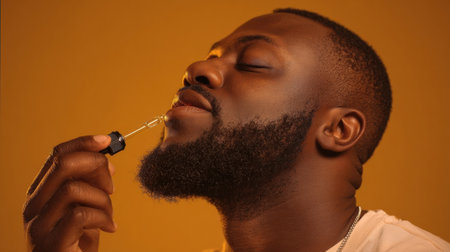 Close-up of a man using a dropper to apply oil to his beard, showing a warm yellow background and emphasizing a personal grooming routine.の素材