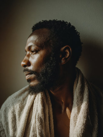 A man wearing a towel gazes thoughtfully, illuminated by soft light, creating a tranquil atmosphere in a cozy indoor space.の素材