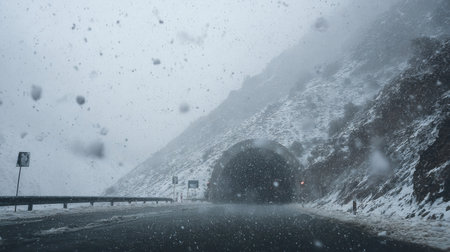 Cars navigate through a winter storm with heavy snowfall near a tunnel surrounded by mountains, creating a challenging travel environment.の素材