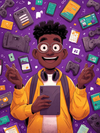 A joyful young boy with curly hair holds a tablet and smiles, surrounded by colorful gaming devices and technology icons, capturing a fun digital atmosphere.の素材