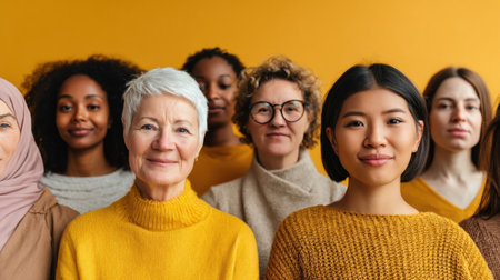 Group of women from various ethnicities smiling warmly while dressed in yellow, showcasing friendship and unity in a bright, cheerful setting.の素材