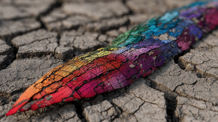 Vibrant rainbow-colored surface rests upon dried, cracked soil, highlighting the contrast between artistic expression and arid landscape.の素材