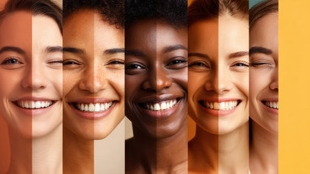 Vibrant skin tones are displayed prominently against a simple background, emphasizing the beauty of diversity and the joy shared by individuals across cultures.の素材