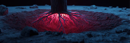 A surreal tree stands in a dark setting, its roots glowing with vibrant light against a rocky terrain, creating an enchanting nighttime atmosphere.の素材