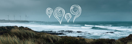Waves crash along a rocky shore as wind turbines stand tall in the distance, with swirling markers superimposed over a moody sky.の素材
