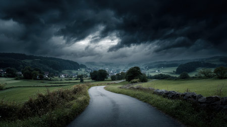 A winding road means through lush green fields as dark, ominous clouds loom overhead, suggesting an approaching storm in the countryside.の素材