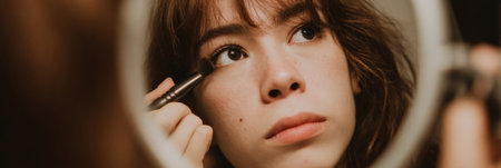 A focused young woman uses a brush to apply makeup, glancing into a mirror in a cozy room filled with soft, natural light during her morning routine.の素材