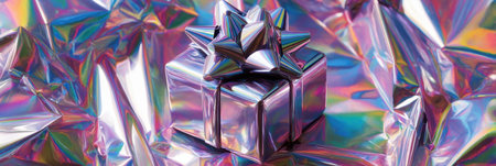 A beautifully wrapped gift box with a glossy bow sits amid a vibrant, reflective background, embodying the spirit of celebration and giving.の素材