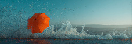 An orange umbrella is lifted by the wind while ocean waves crash at sunset, creating a vibrant contrast against the calm sky.の素材