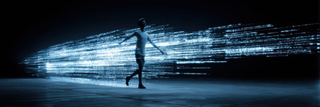 A figure moves swiftly in a dark environment, creating dynamic streaks of bright light that evokes a sense of speed and technology at night.の素材