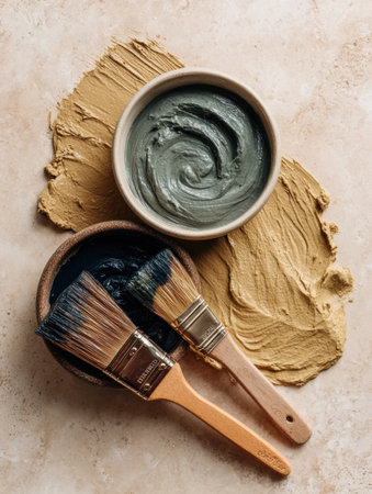 Natural clay in different colors is blended with brushes on a smooth, textured surface, showing an artistic preparation in a creative workspace.の素材