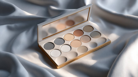 Open makeup rest palettes on luxurious silky fabric showing soft and shimmering shades in a clean, inviting layout, perfect for beauty enthusiasts.の素材