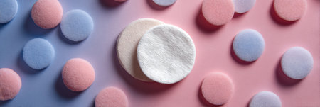 Cleansing face with cotton pads, surrounded by pastel circles on a soft surfaceの素材