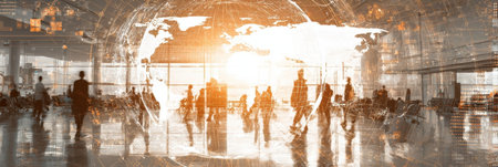 Travelers move through a bustling airport terminal at sunset, with a digital world map overlay creating a sense of connection and global travel.の素材