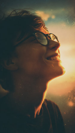 A woman with glasses smiles as she gazes upward, illuminated by the warm hues of sunset, embodying a sense of joy and positivity in the moment.の素材