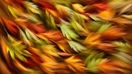 Bright autumn leaves dance in the wind, creating a colorful display of reds, oranges, and greens against a blurred background, capturing the essence of fall.の素材