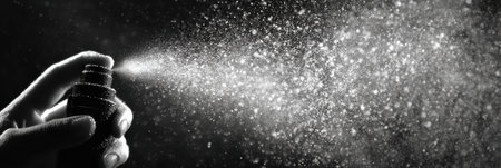 Slow motion spray ampoule misting onto hand creates a dynamic high-contrast splash, with droplets suspended in the air, capturing a moment of fluidity.の素材