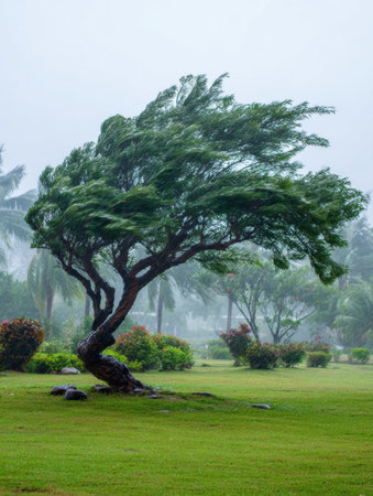 Strong winds cause a tree to bend dramatically while rain falls in a vibrant garden, showing natures power and resilience in a tropical environment.の素材