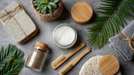 A variety of natural skincare products are beautifully arranged on a textured surface, surrounded by greenery, promoting a soothing self-care experience.の素材