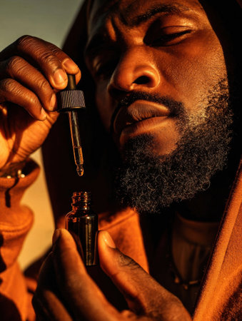 A man with a beard carefully applies essential oil from a dropper, showcasing concentration. The warm glow of sunset enhances the tranquil atmosphere.の素材