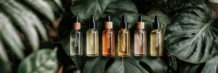 A selection of six glass bottles filled with essential oils is displayed on lush green leaves, showing different colors and sizes in natural light.の素材