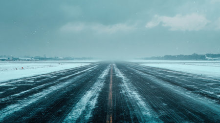 An expansive airport runway blanketed in snow contrasts with a gloomy sky, creating a calm but unclear scene due to limited visibility and snowfall.の素材