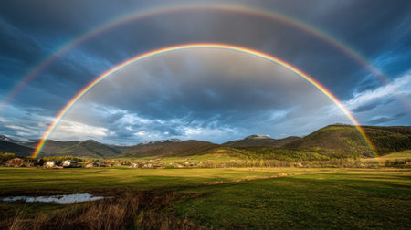 A breathtaking double rainbow stretches across a vibrant green valley, framed by majestic mountains under a dramatic sky after a refreshing rain.の素材