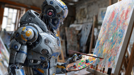 A robot artist is engaged in painting an abstract artwork using a palette filled with vibrant colors in a deserted art studio filled with supplies.の素材